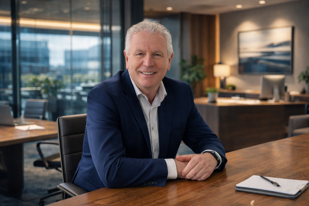 Keith Farrell, strategic marketing consultant in Scotland, meeting clients in a professional office environment.