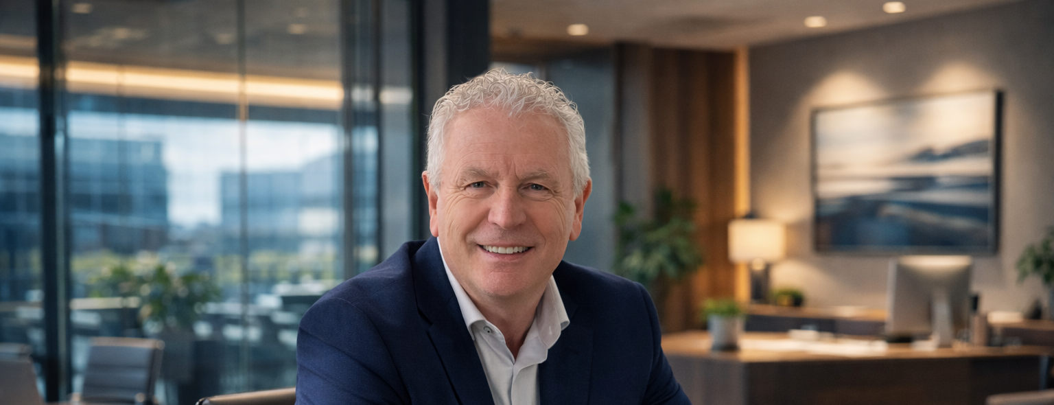 Keith Farrell, strategic marketing consultant in Scotland, meeting clients in a professional office environment.